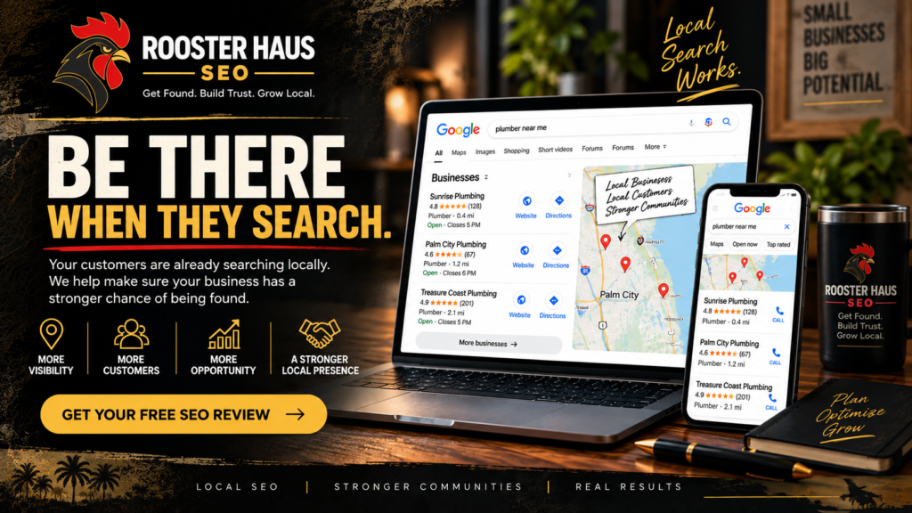 Rooster Haus SEO local search marketing showing Google Search and Maps results on desktop and mobile devices